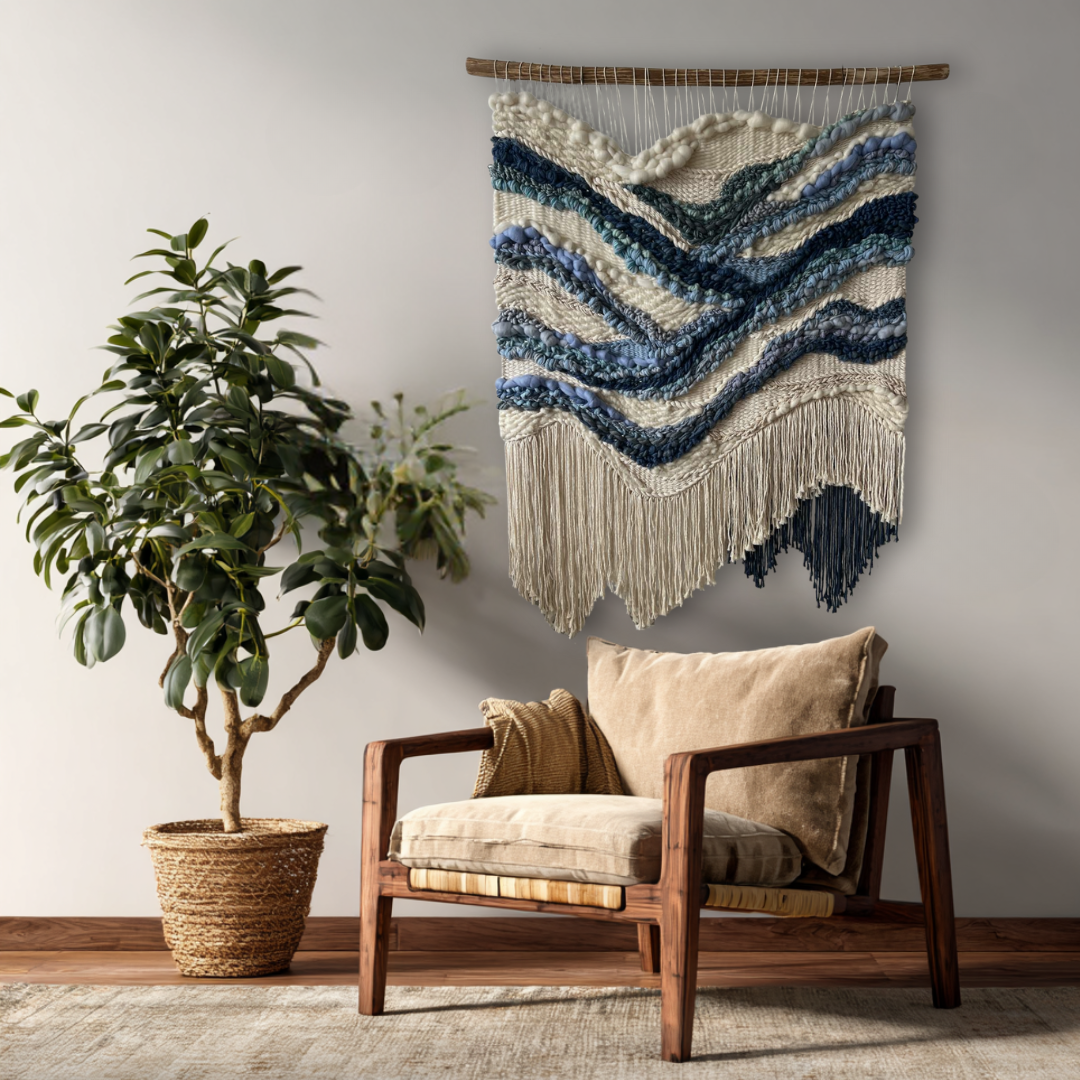 Cream and blue river-inspired wall hanging as boho interior decor