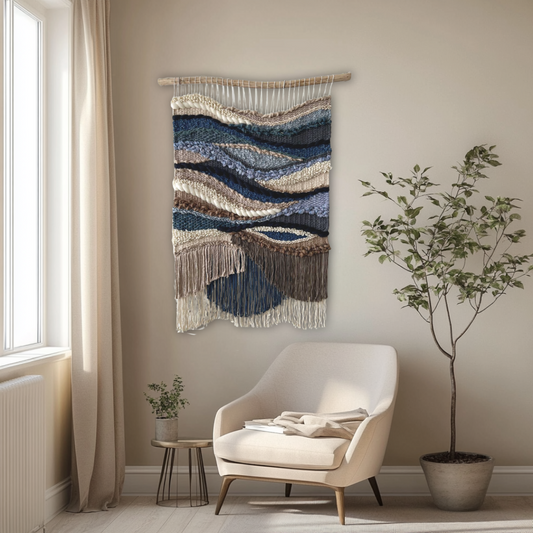 Minimalist Japandi living room with a handmade woven wall hanging in natural cream, beige, and blue tones above a modern chair — calming boho textile art decor