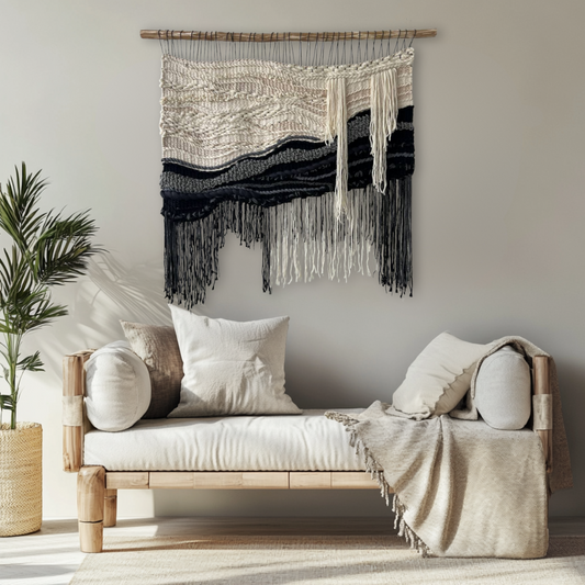 Monochrome handwoven wall art displayed above sofa in contemporary living room décor