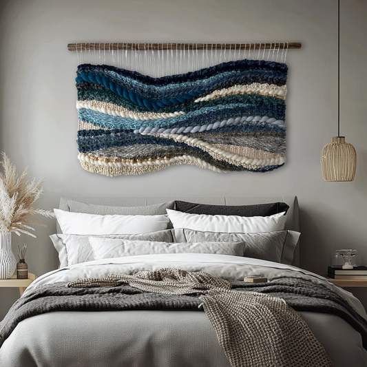 Abstract glacier-inspired tapestry in blue shades as bedroom wall decor