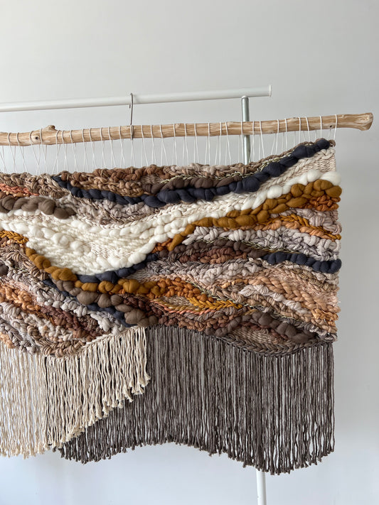 Boho wall hanging in earthy tones, handmade panel