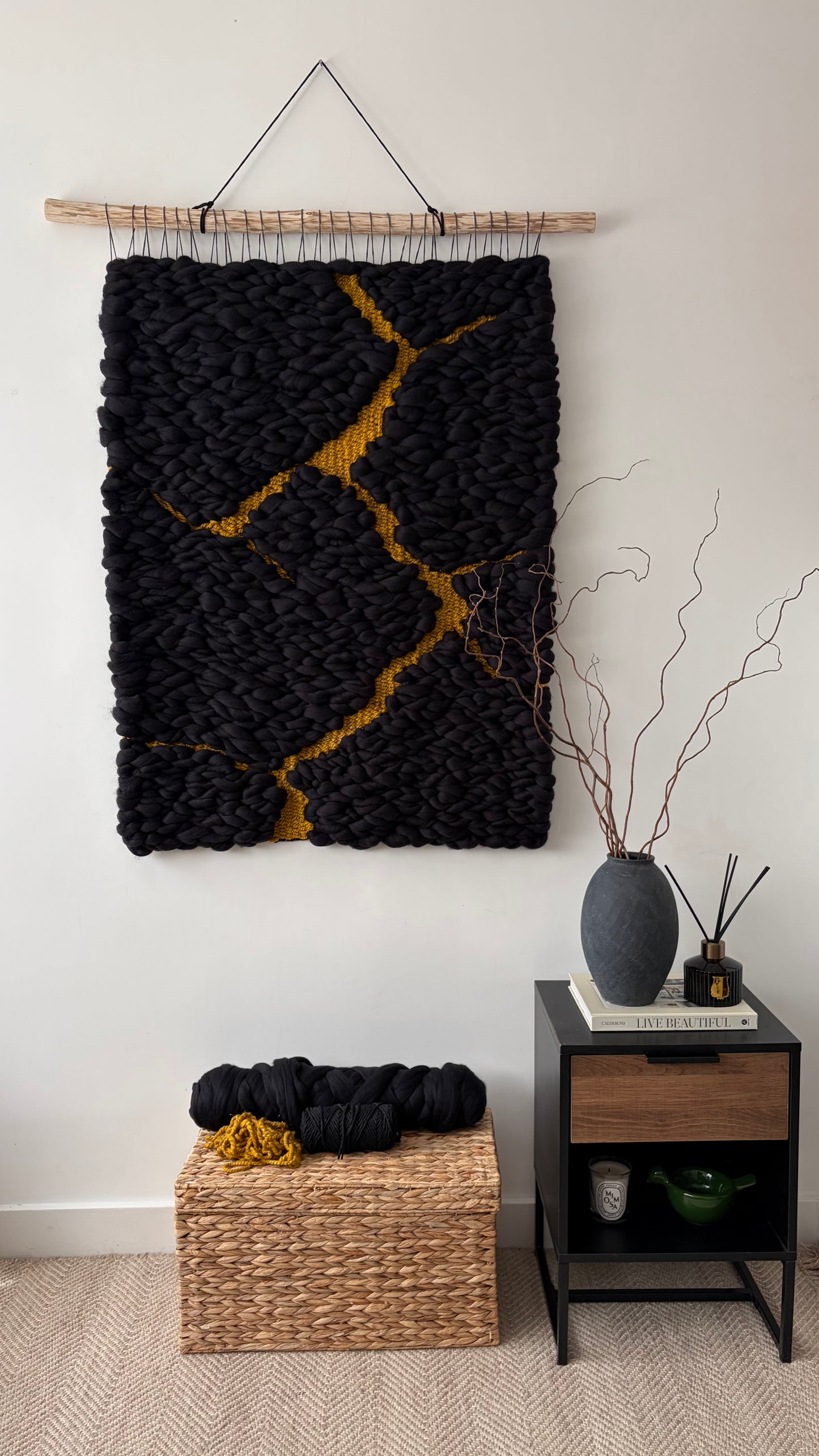Woven Wall Tapestry "Black Kintsugi"