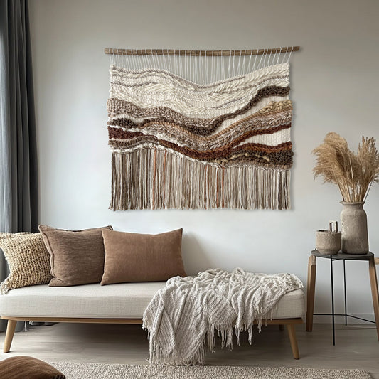 Wall hanging displayed in a cozy living room – the textile piece in warm, natural colors as interior decor