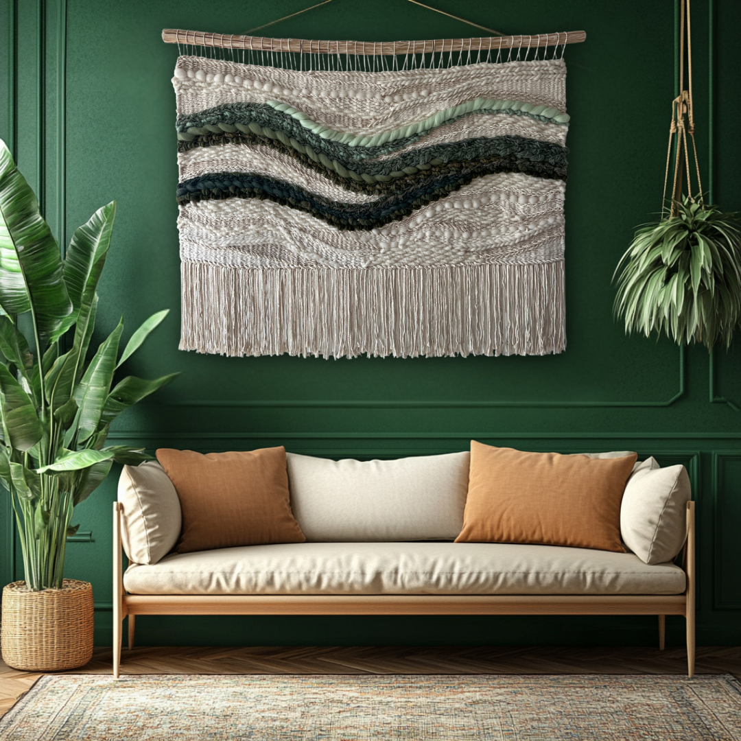 Square woven wall hanging with cream textured base and green wave patterns, modern boho textile decor in living room interior