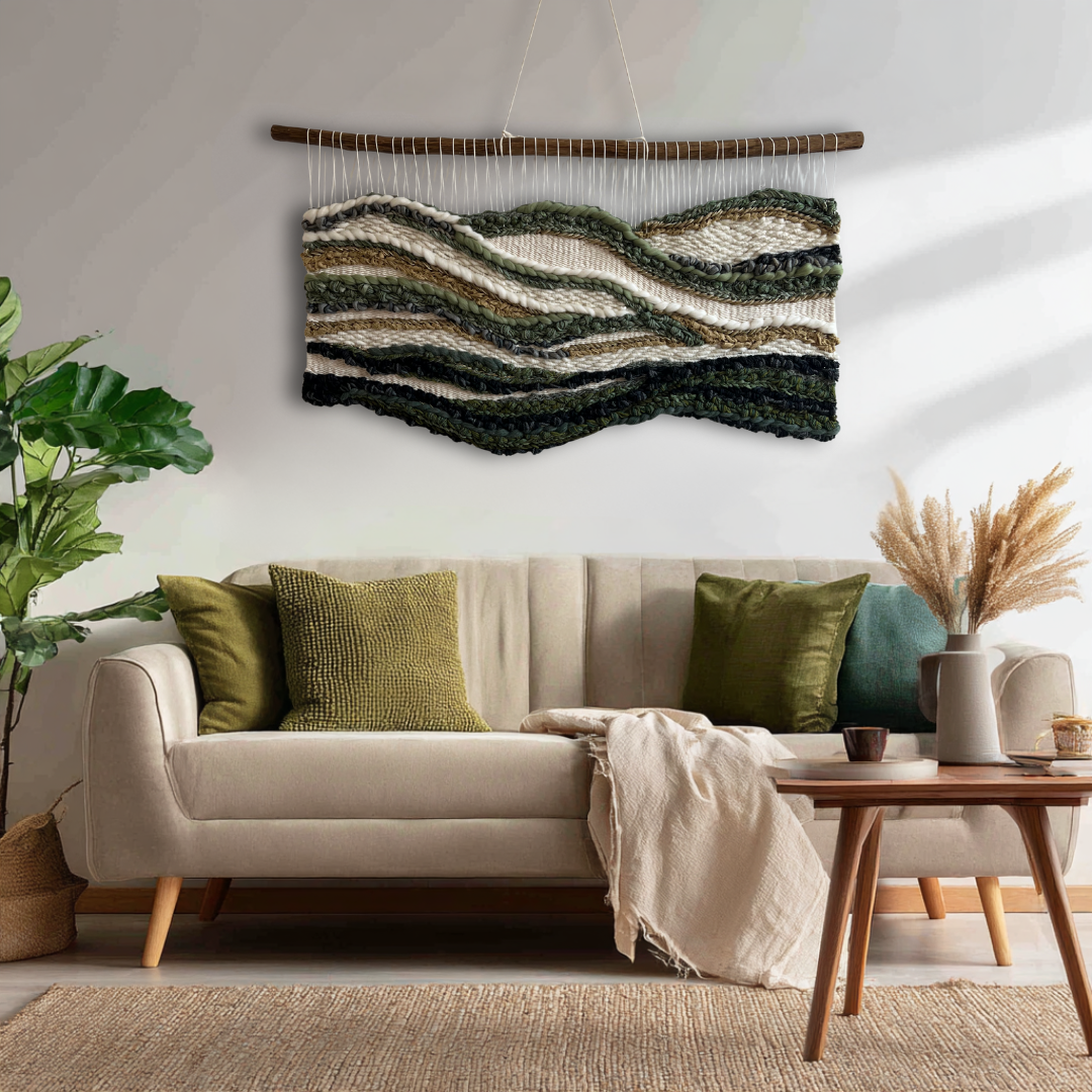 Textured wall art adding natural accents above a contemporary neutral sofa