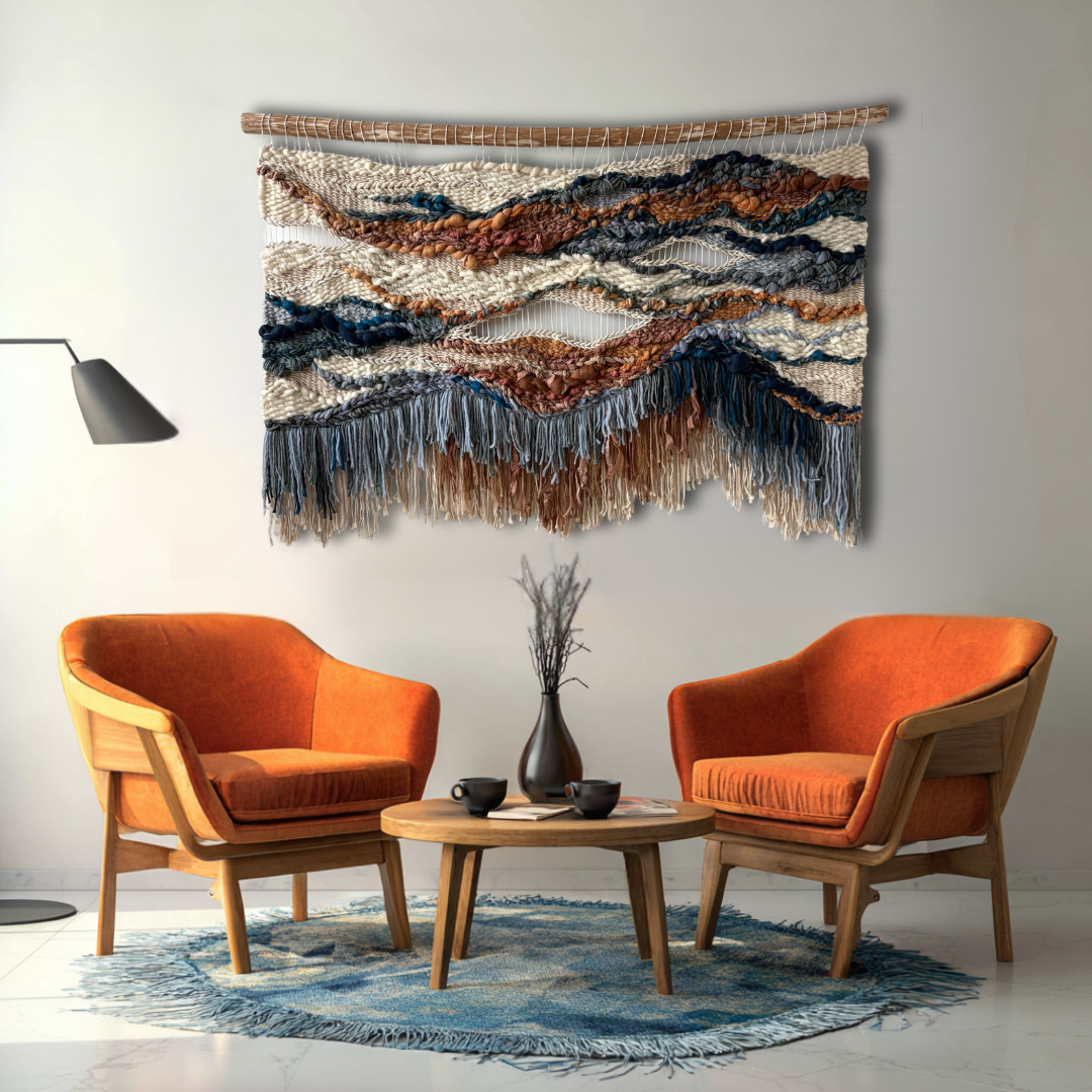 Contemporary textile wall artwork in terracotta and blue hues styled above two armchairs in a relaxed conversation area
