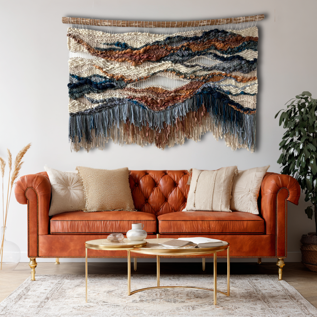 Handwoven textile wall art in terracotta and blue tones displayed above a sofa in a modern living room interior