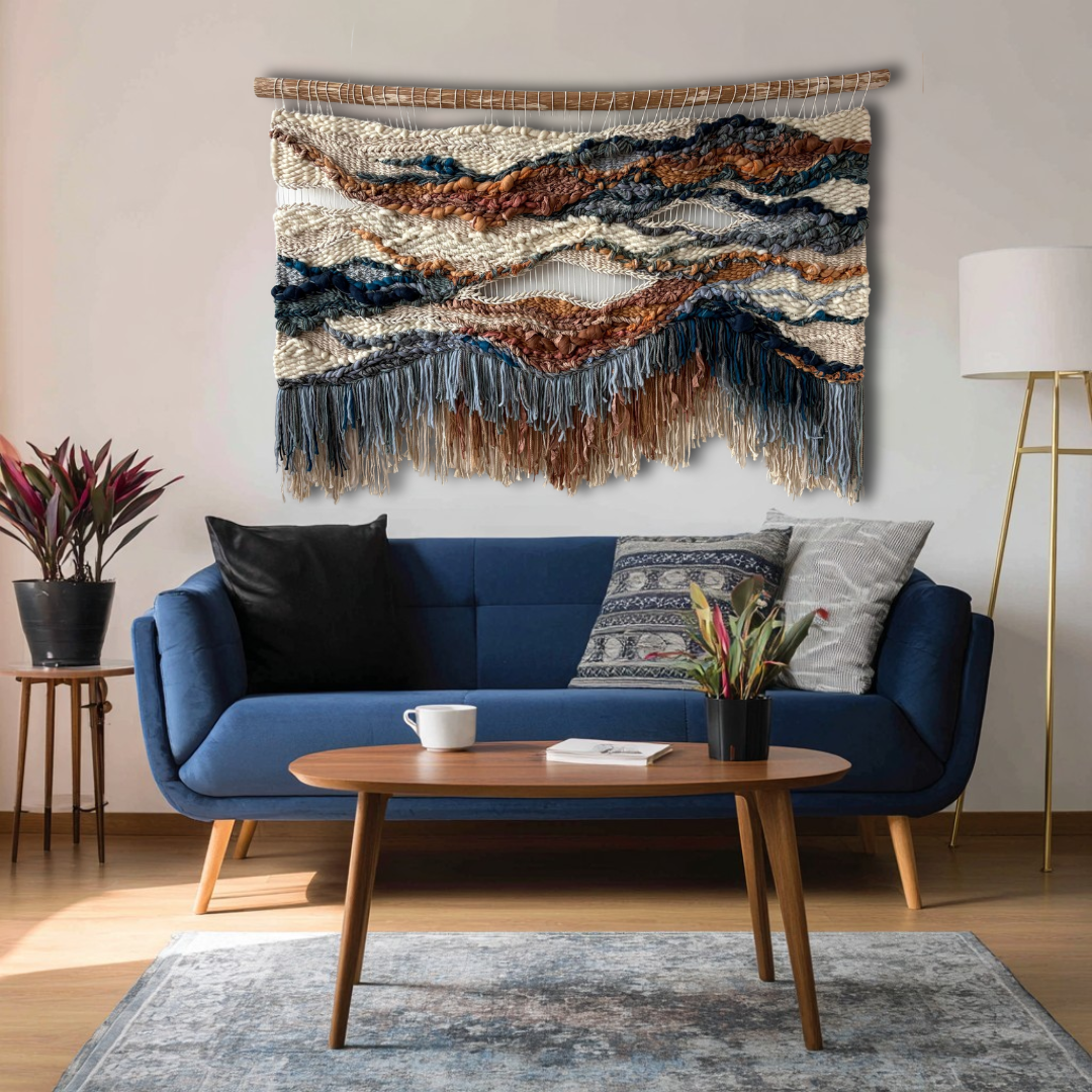 Textile wall panel in earthy terracotta and deep blue shades hanging above a couch in a warm living room setting