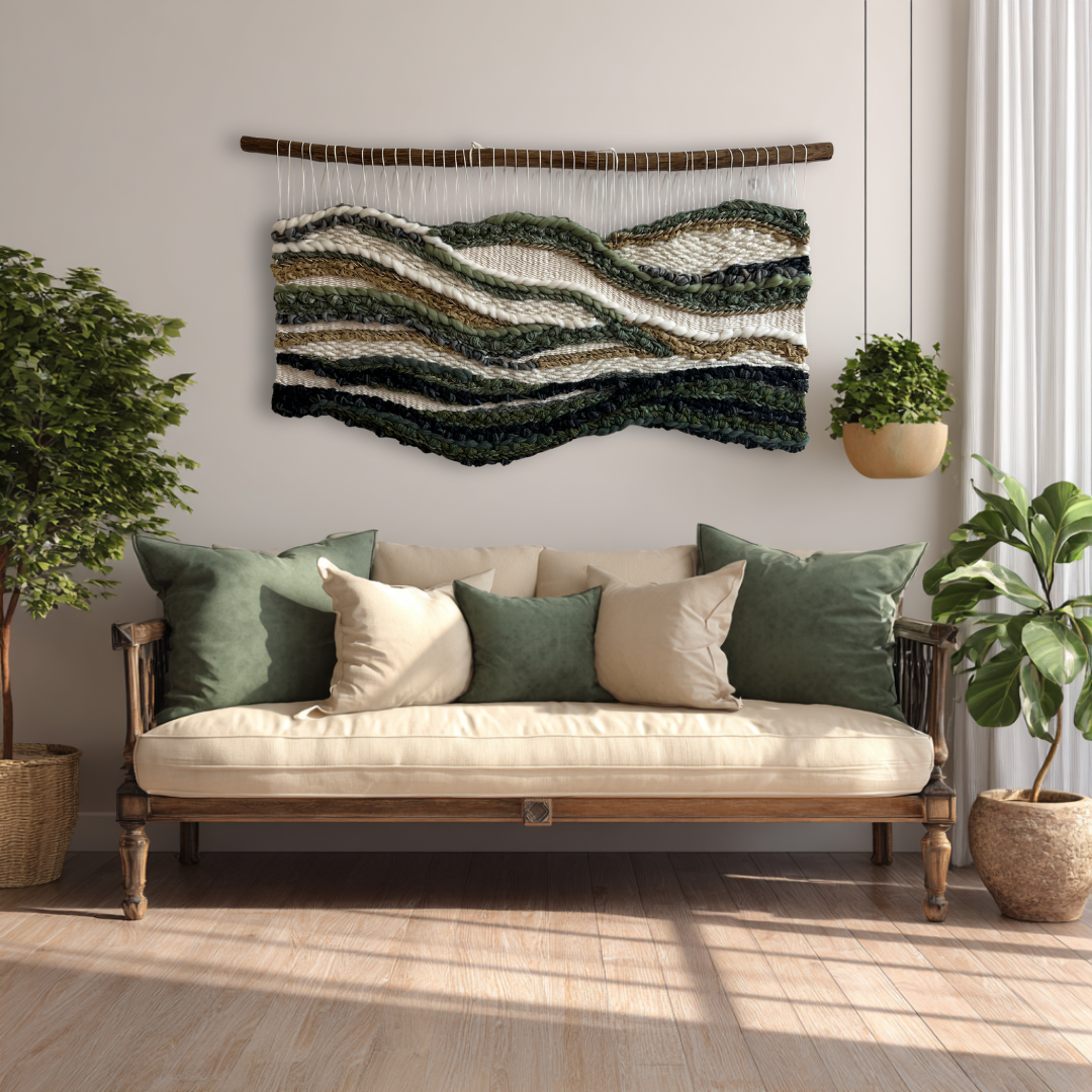 Large woven tapestry with earthy green and cream waves styled above a bohemian living room sofa