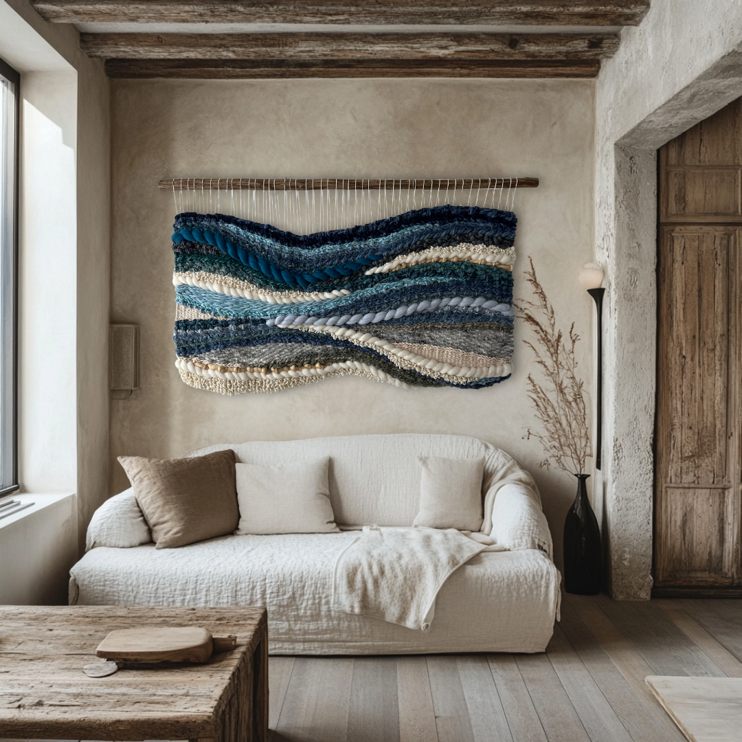 Glacier Drift horizontal wall tapestry in blue tones, handwoven decor in modern living room