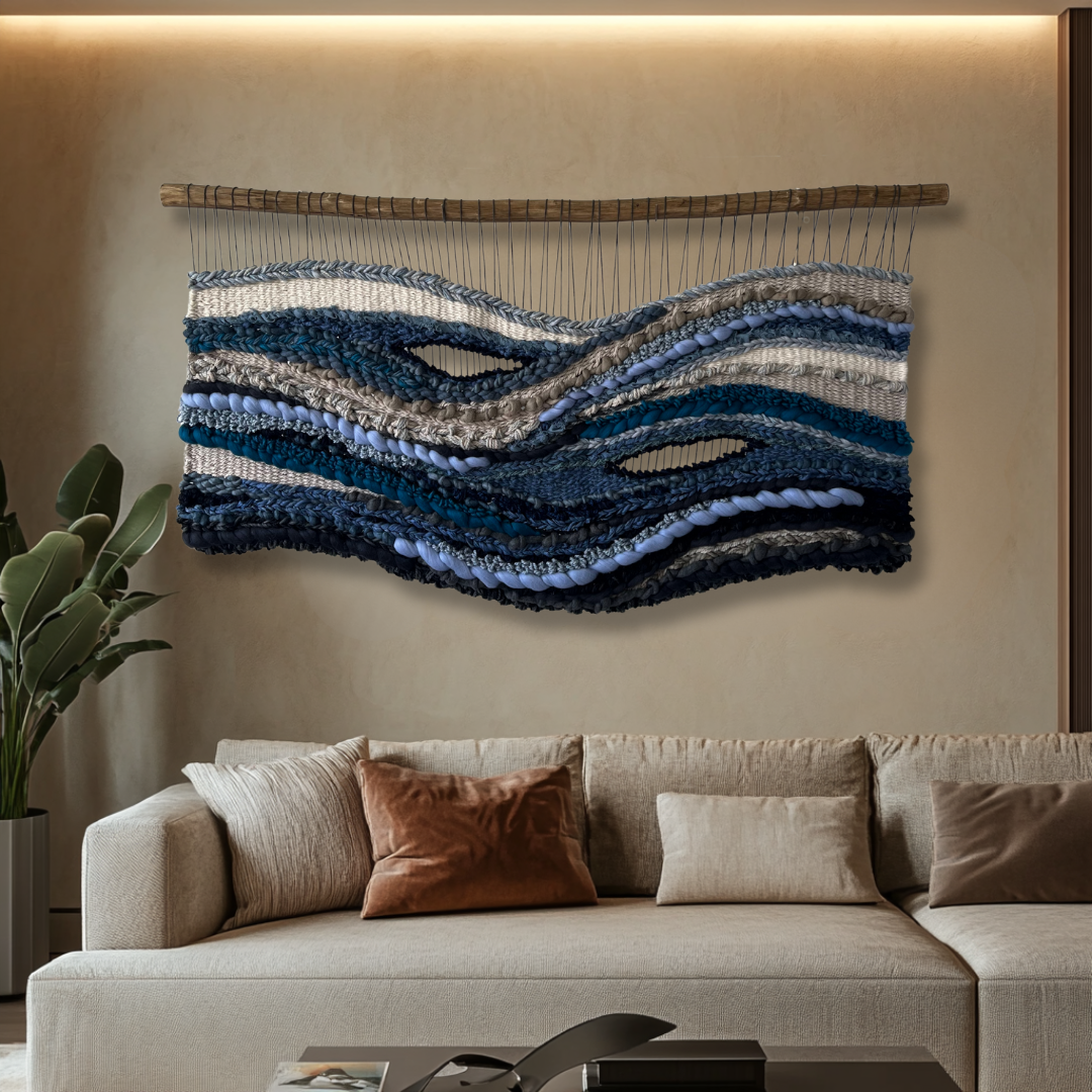 woven wall hanging in calming blue, grey and cream colors, modern boho wall art above sofa