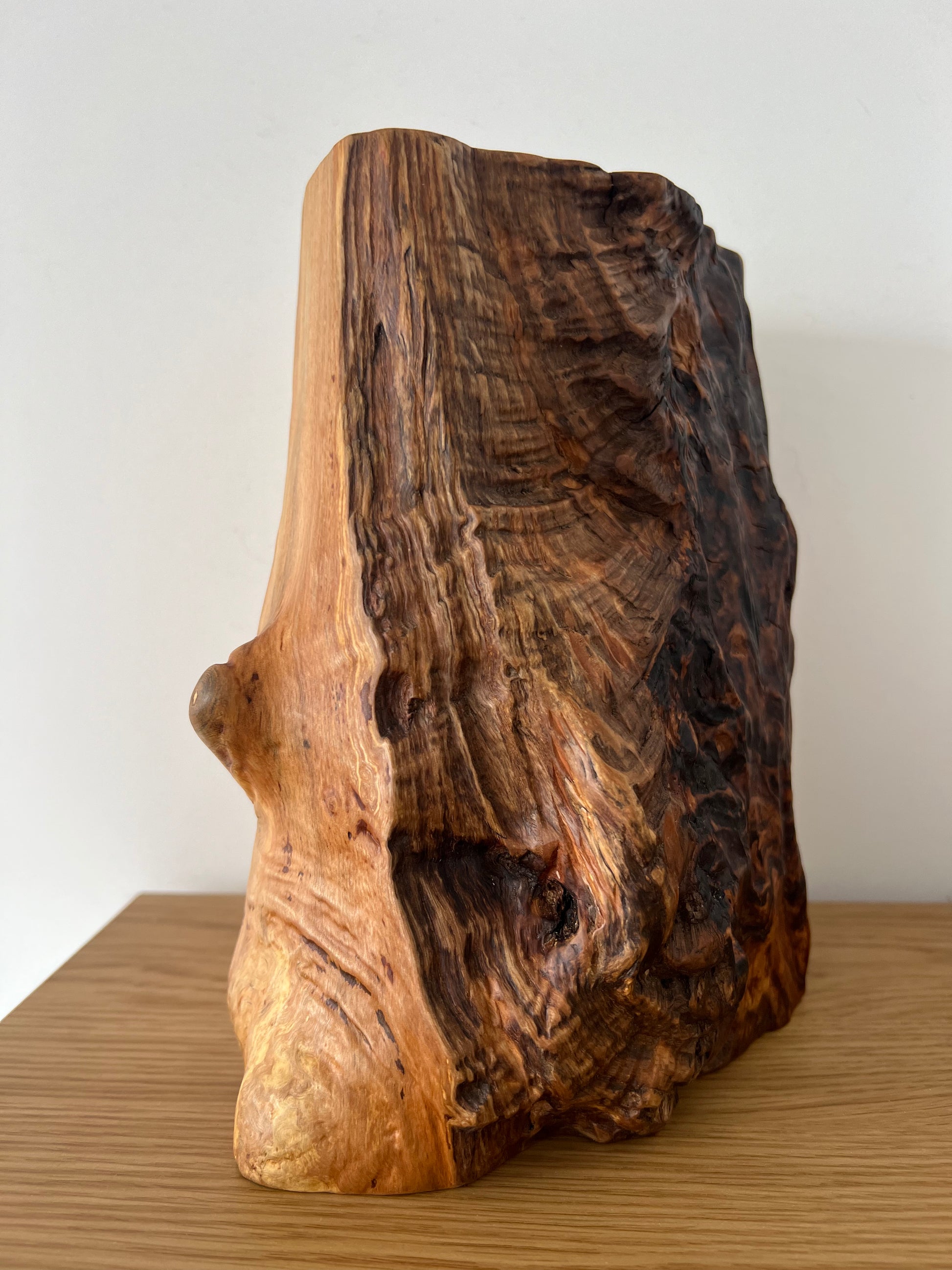 Close-up of natural ash wood lamp base with unique grain patterns and knots.