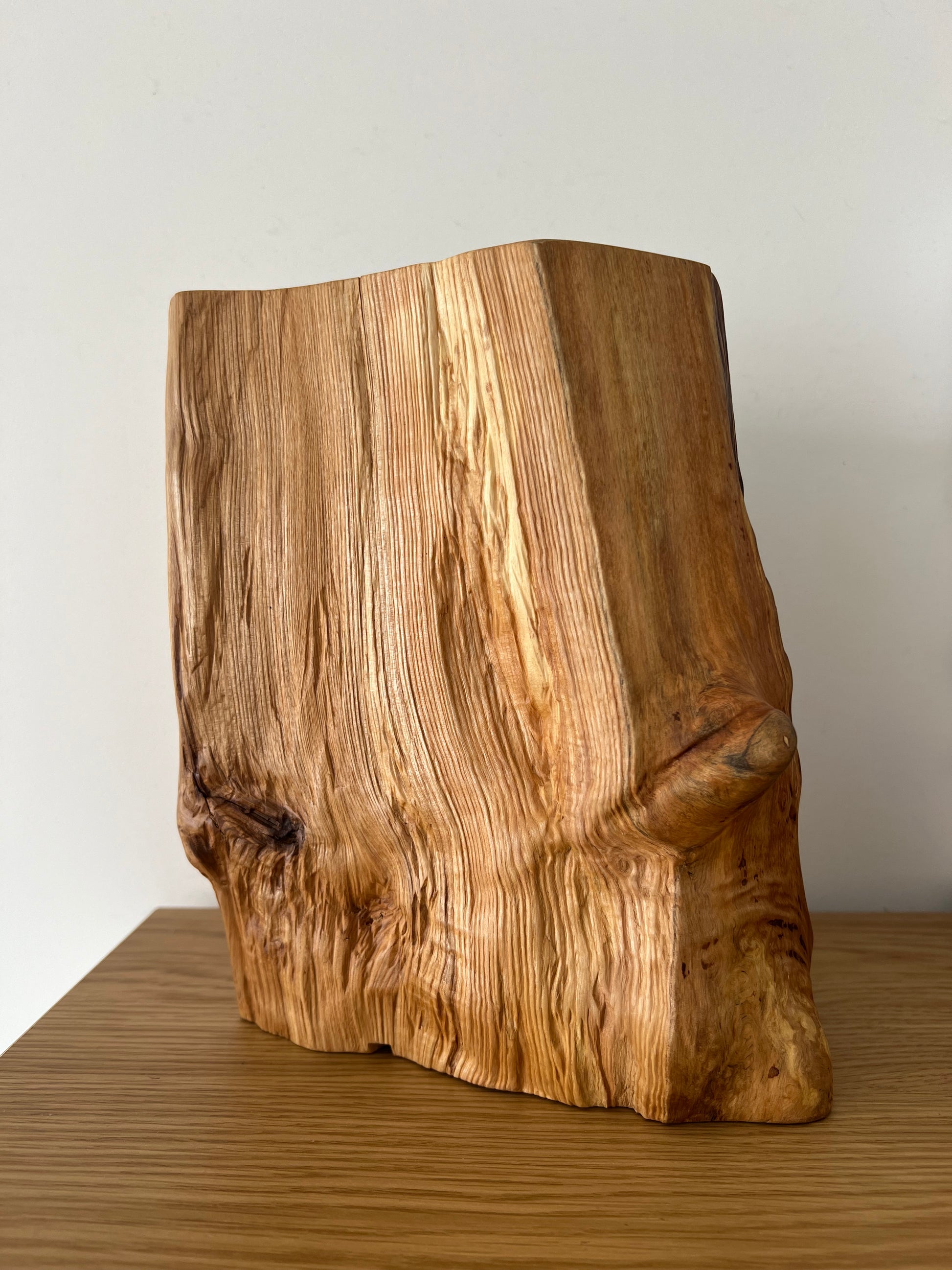 Detail of ash wood lamp base showing textured surface and organic curves.