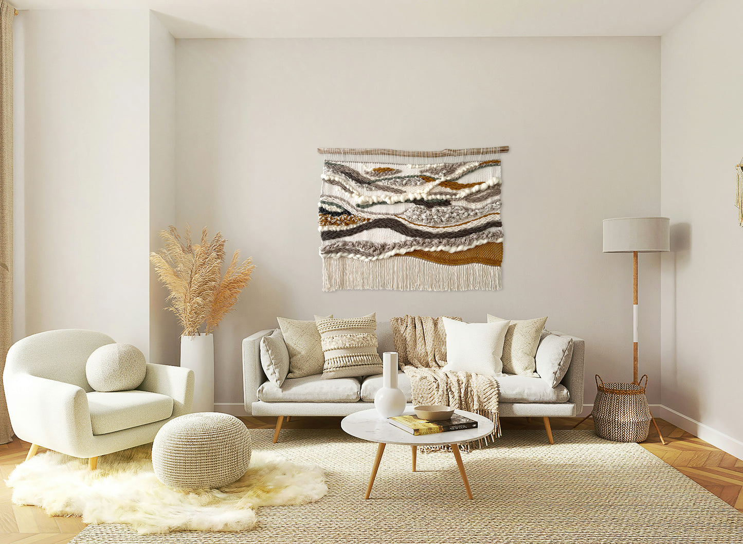 Textured fiber art wall tapestry in modern living room with neutral furniture